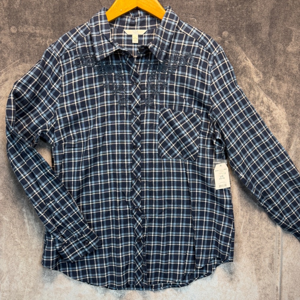 Time and Tru Flannel Shirt Women's L 12-14 Blue Combo Plaid Floral Embroidered